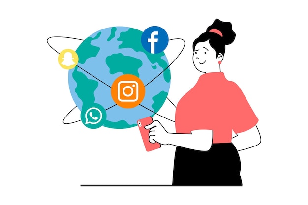 Social media marketing concept with people scene in flat web design Woman promoting business or personal blog at global network sites Vector illustration for social media banner marketing material