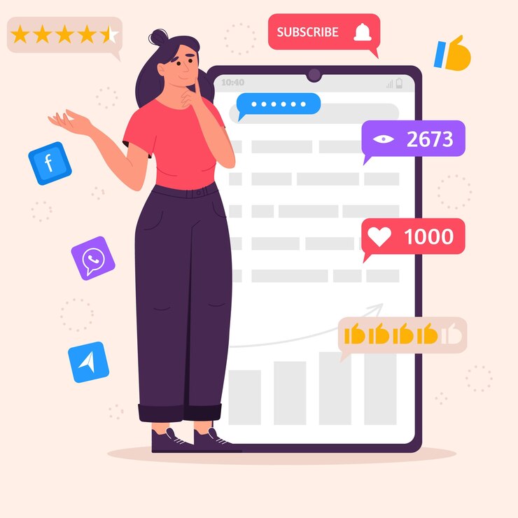 Vector social media marketing concept with a thinking girl and icons of smm young woman managing