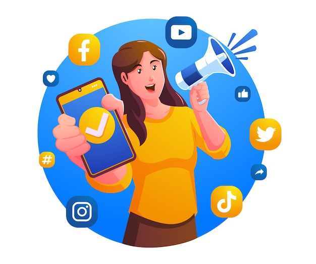 Social media marketing concept with a woman holding a smartphone and a megaphone