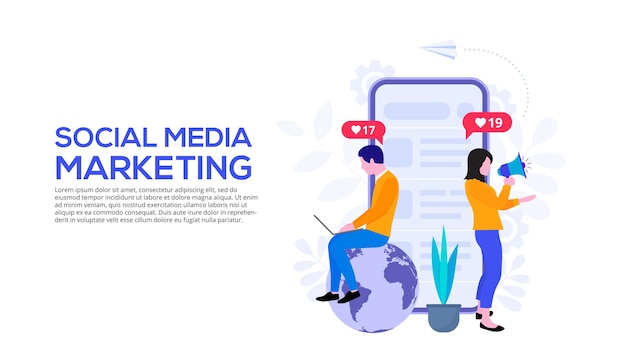 Concetto di design di social media marketing con persone e smartphone illustrazione vettoriale piatta modello di pagina di destinazione per il web