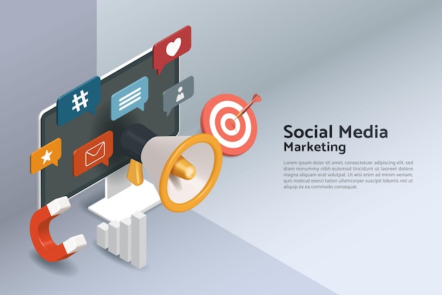 Vector social media marketing or digital marketing with megaphones and social media icons