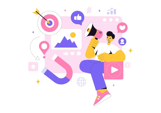 Social Media Marketing Illustratie met een Digitale Marketing Boost Online Likes Opmerkingen en Volgers Groei Door Internet Inhoud