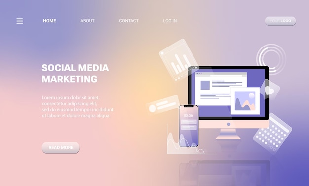 Vector social media marketing landing page design with computer and smartphone illustration