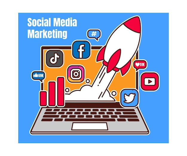 Social media marketing met raket en laptop