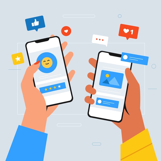 스마트 폰 들고 사람들과 소셜 미디어 마케팅 휴대 전화 개념