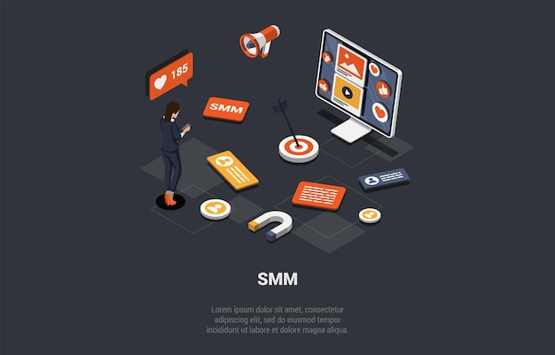 ソーシャル メディア マーケティングとオンライン プロモーションの女性 SMM マネージャー開発成功戦略マーケティング ファネル リード ジェネレーション研究と戦略計画等尺性 3 D ベクトル図