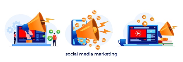 Social media marketing opstarten bedrijf ondernemer marketing strategie platte vector illustratie sjabloon