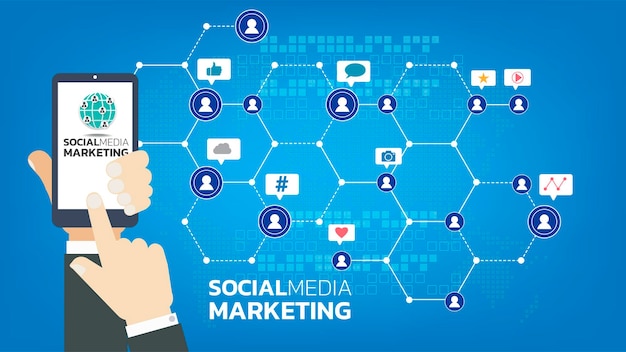 Social media marketing sjabloon concept met emoji, webpagina, zoekpictogrammen, chat en grafiek met smartphone