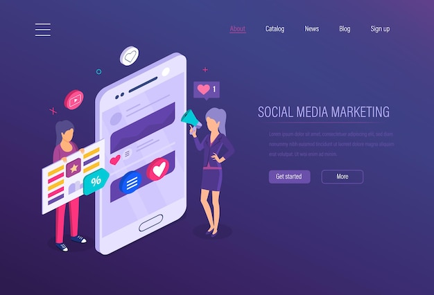 Social media marketing. Social network, online business marketing, strategy media planning, financial business analysis, advertising, content strategy and digital management. Isometric vector.