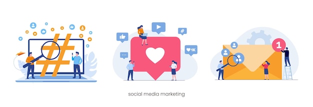 Concetto di strategia di social media marketing, come, e-mail, tag. illustrazione vettoriale piatta