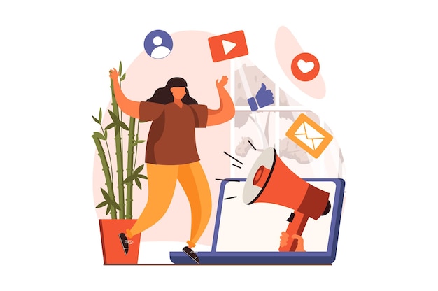 Vettore concetto web di marketing sui social media in design piatto donna che utilizza il laptop per navigare nei contenuti digitali e segue il megafono pubblicitario pubblicità e promozione illustrazione vettoriale con scena di persone