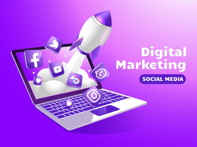 Vector social media marketing with laptop and boost rocket