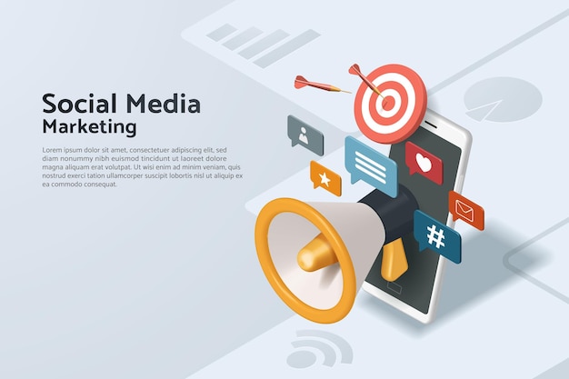 Vector social media marketing with megaphones and social media icons floating on mobile phone