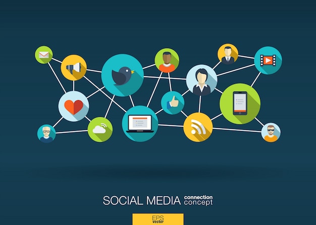 Vettore rete di social media. sfondo di crescita con linee, cerchi e icone integrate. simboli connessi per concetti digitali, interattivi, di mercato, di connessione, di comunicazione e globali. illustrazione