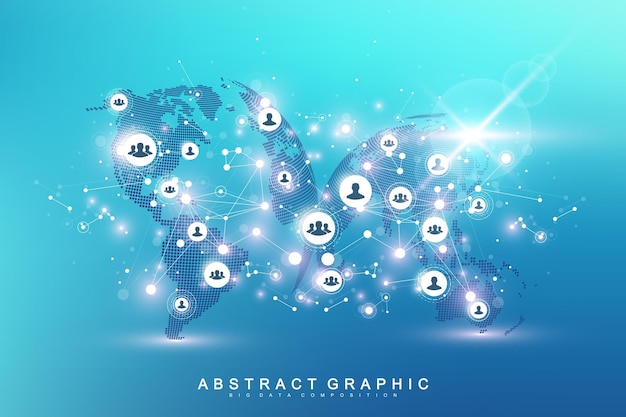 Vector social media network and marketing concept on world map background. global business concept and internet technology, analytical networks. vector illustration