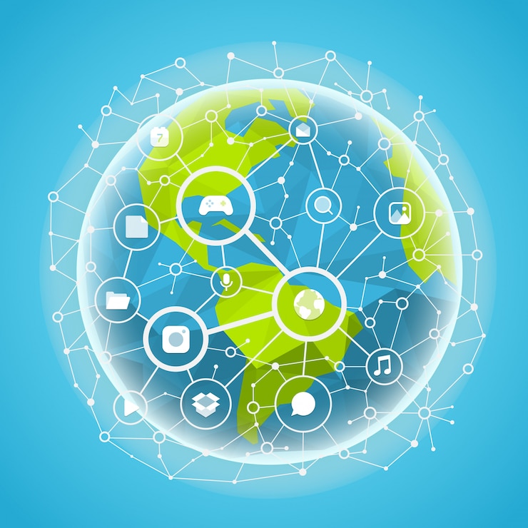 वेक्टर social media network vector concept. abstract communication scheme on the earth