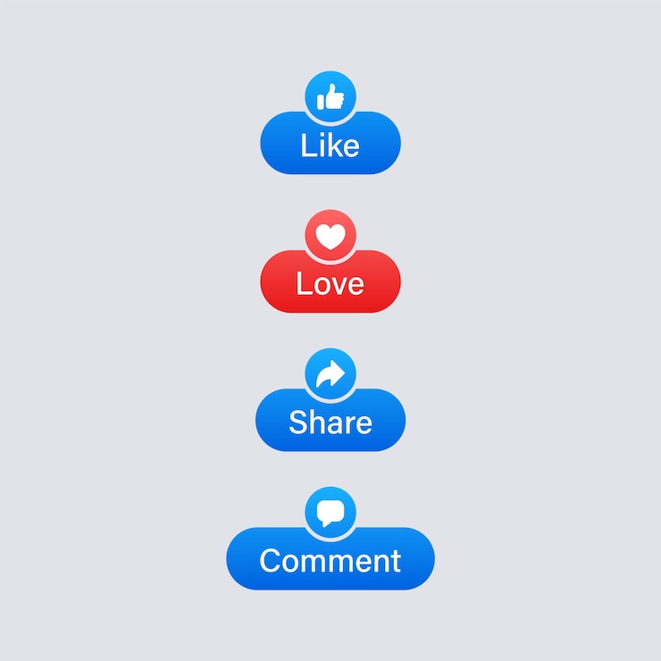 Vector social media notification icons label banner or post reactions like love comment share icon buttons