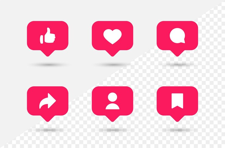 Vector social media notification icons in speech bubbles like love comment share follower save