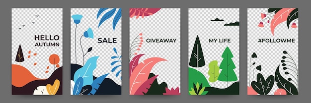 Social media platte plantenposters. abstracte levendige herfstverhalen floral frames sjabloon. vector illustratie magisch landschap zomer en lente posters voor uitnodiging op transparante achtergrond