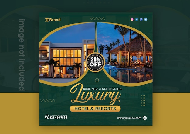 Vector social media post design for hotel and resort advertising