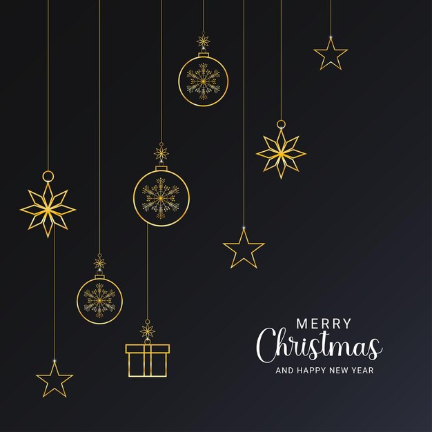 social media post design for Merry Christmas black background with golden stars and golden gift box and balls