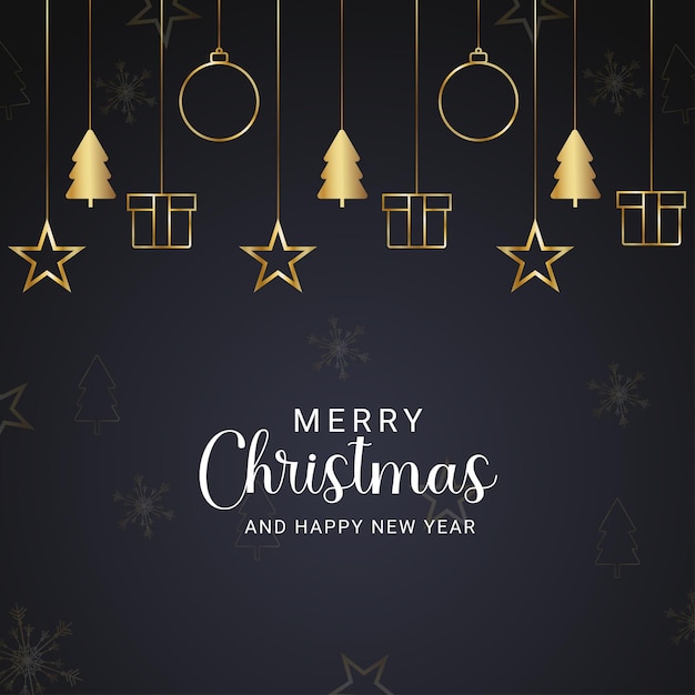 social media post design for Merry Christmas black background with golden tree and balls with golden stars and gift box