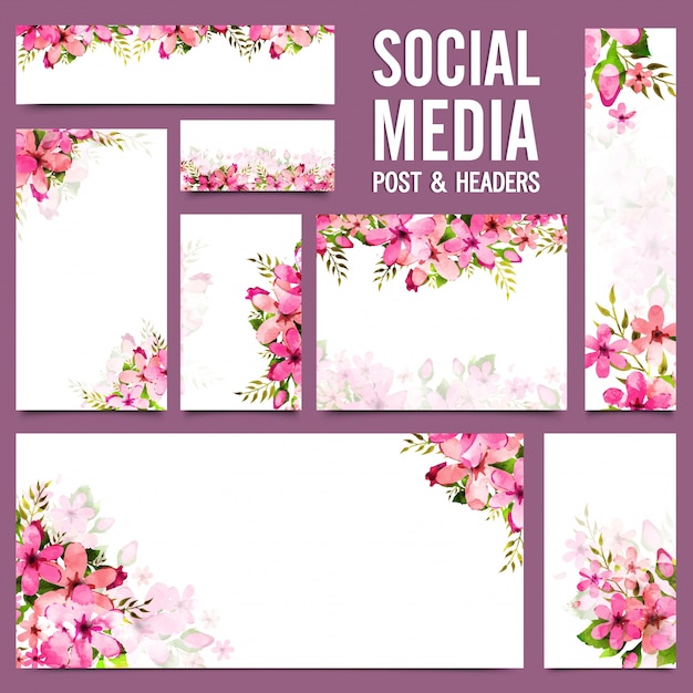 Social media post en headers met roze aquarel bloemen.