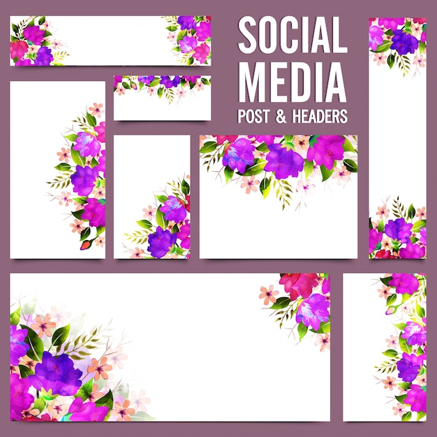 Social media post e intestazioni con fiori viola.