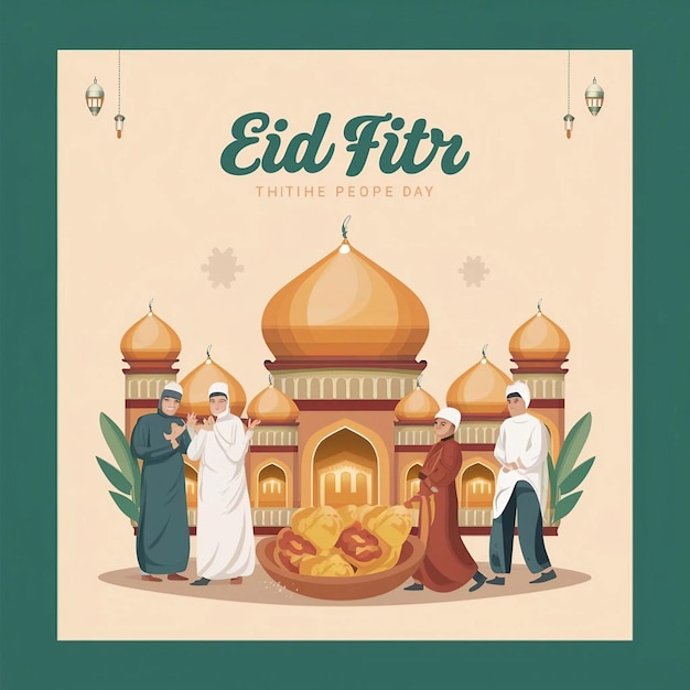 Vector social media post ideas for eid fitr day with traditional muslim people illustration