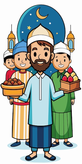 Social media post idee voor Eid Fitr dag met traditionele moslim mensen illustratie