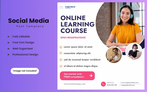 Social media post and and Instagram post template for Online learning course, distance learning.