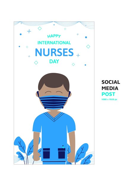 Social media post international nurses day banner for instagram story with colored man wear mask