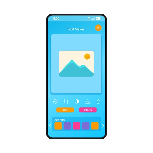 Social media post maker smartphone interface vector sjabloon. mobiele app pagina blauwe ontwerplay-out. foto, foto-editorscherm. platte gebruikersinterface voor toepassing. voeg tekst, effect, filterfunctie toe. telefoonweergave