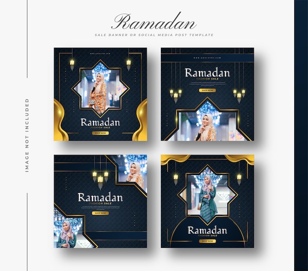 Social Media Post of Banner Template voor Ramadan Sale-promotie met luxe decoraties en gouden lantaarns