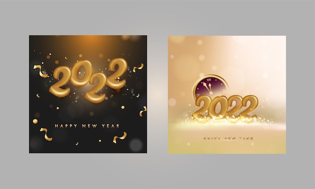 Social Media Post of sjabloonontwerp met gouden 2022 Happy New Year lettertype en Bokeh-effect in twee kleuropties.