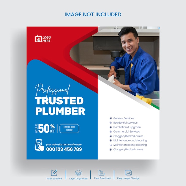 Social media post for plumbing service and Instagram banner template design