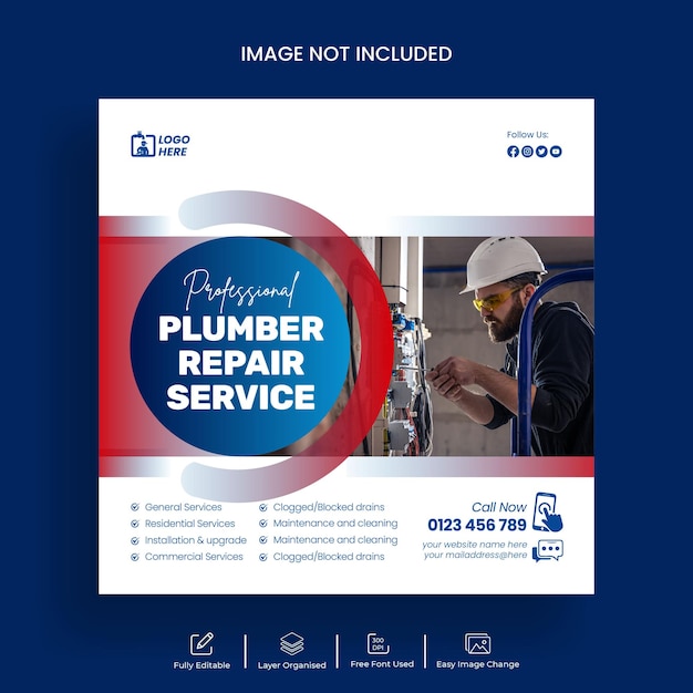 Social media post for plumbing service and Instagram banner template design
