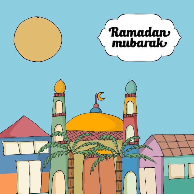 A social media post for ramadan mubarak with a colorful cityscape and a banner for ramadan