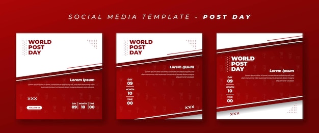 세계 포스트 데이를 위한 우편 아이콘 디자인의 라인 아트가 있는 빨간색과 흰색 배경의 소셜 미디어 게시물