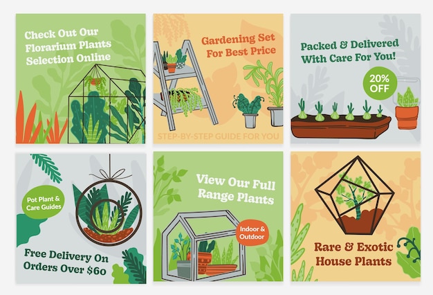 Vector social media post set with plant store advertising