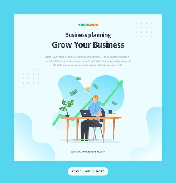 Social media post-sjabloon met plat karakter, statistiekenillustratie groeiend bedrijf gebruikt voor web, app, infographic, reclame, enz.