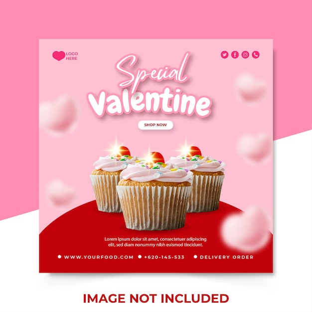 Vettore modello di banner quadrato per cupcake di san valentino speciale per post sui social media per ristorante o cibo delizioso