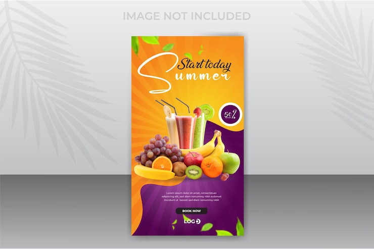 Vector social media post stories orange banner with a fruit and juice