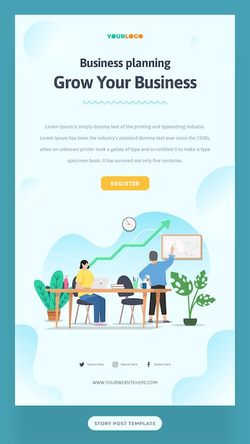 フラットなキャラクター、統計イラスト付きのソーシャルメディア投稿ストーリーテンプレート成長しているビジネス