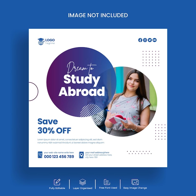 Social media post for Study abroad and education Instagram post banner or square flyer template