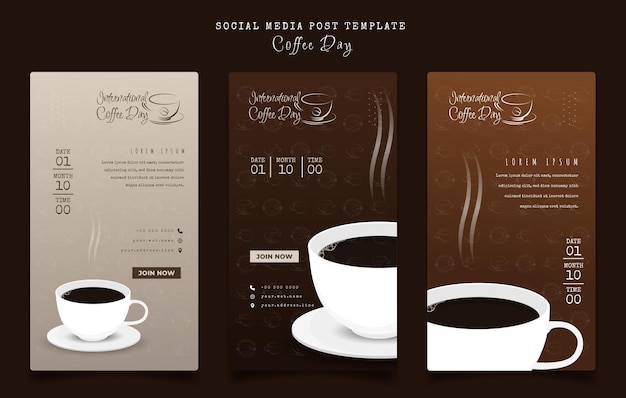 コーヒー広告デザインのコーヒーの日デザインと茶色の背景のソーシャル メディアの投稿テンプレート