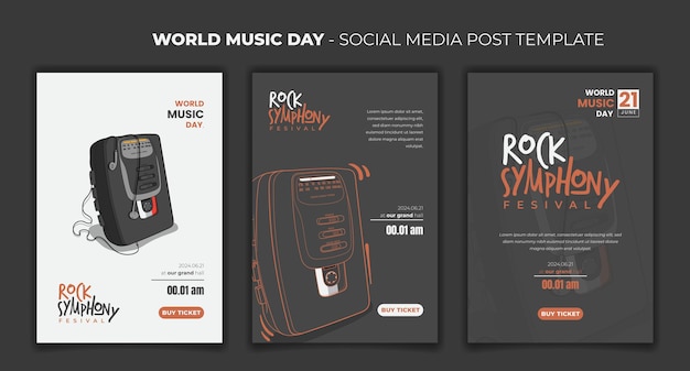 Social media post template for music day with portable cassette player in cartoon line art design