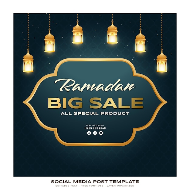 Modello di post sui social media per la promozione della stagione del ramadan vettore premium