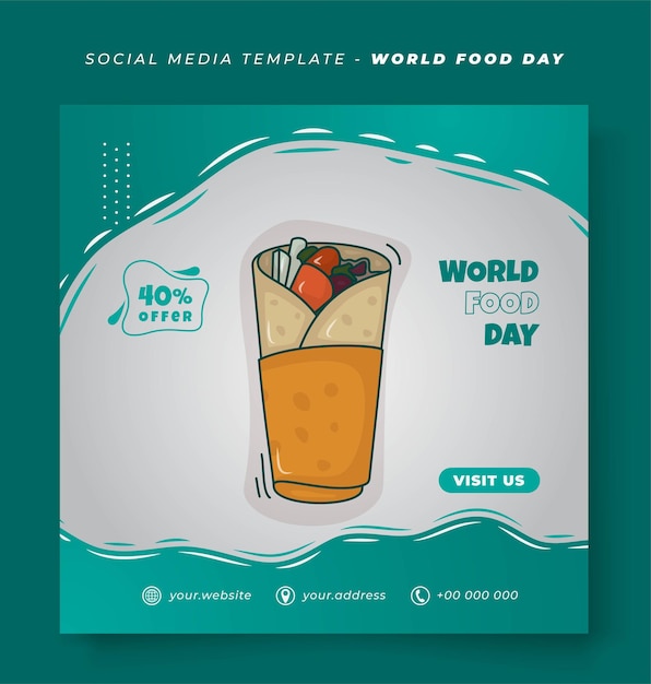 Vector social media post template in square background with cartoon of kebab food for world food day design