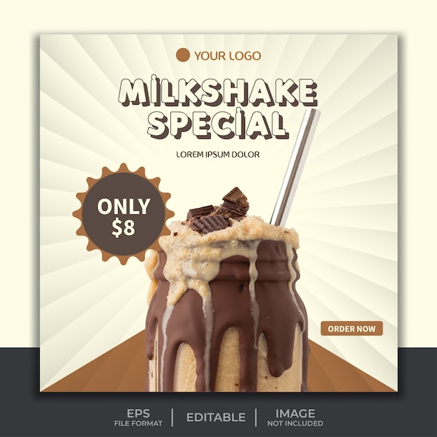 Social media post template square banner. special offer delicious milkshake